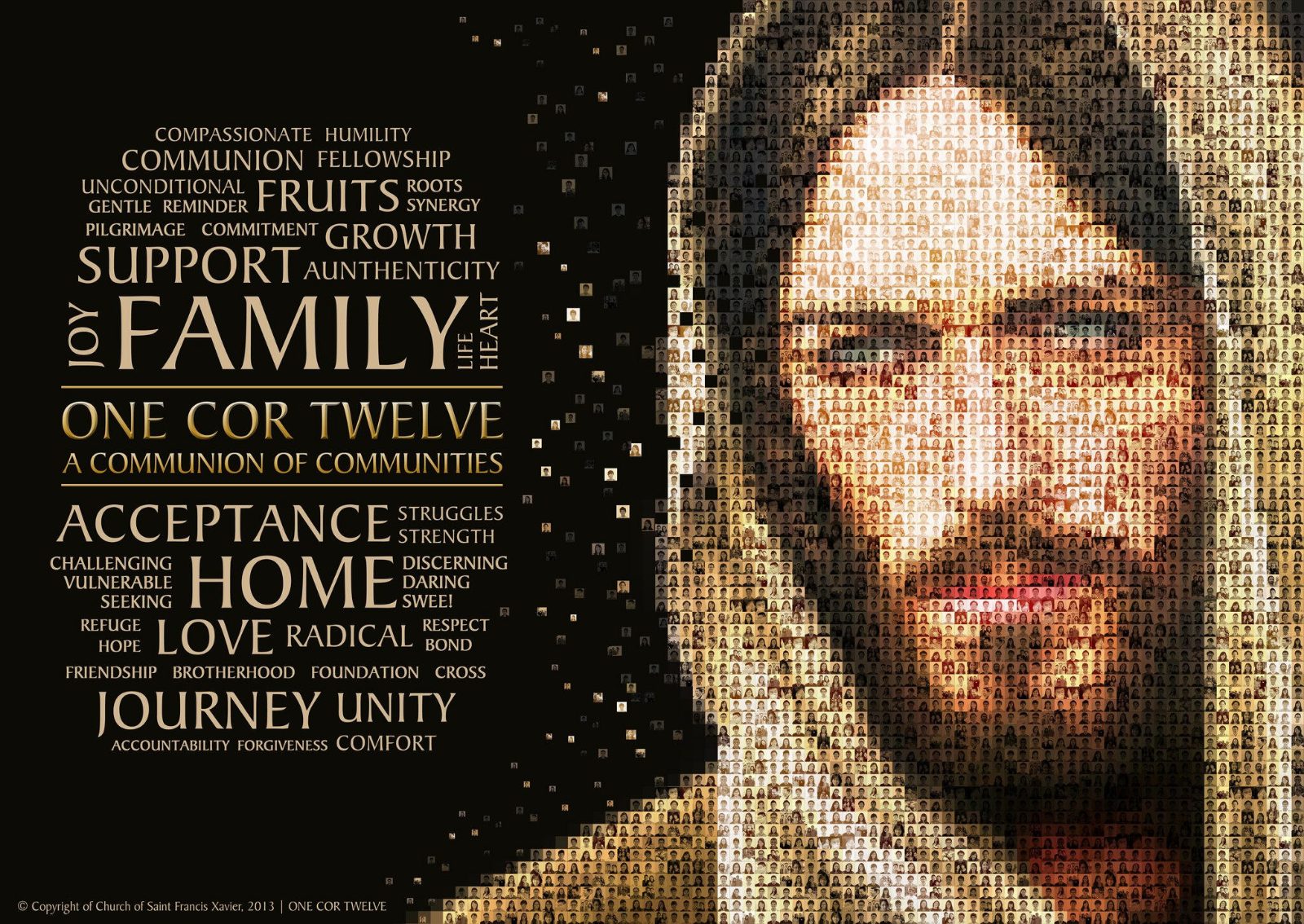 One Cor Twelve, a communion of communities — a mosaic portrait of St Francis Xavier formed from photographs of parishioners.